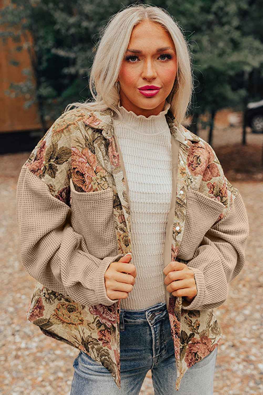 Khaki Floral Waffle Knit Patchwork Chest Pockets Buttoned Jacket e00631039a867273