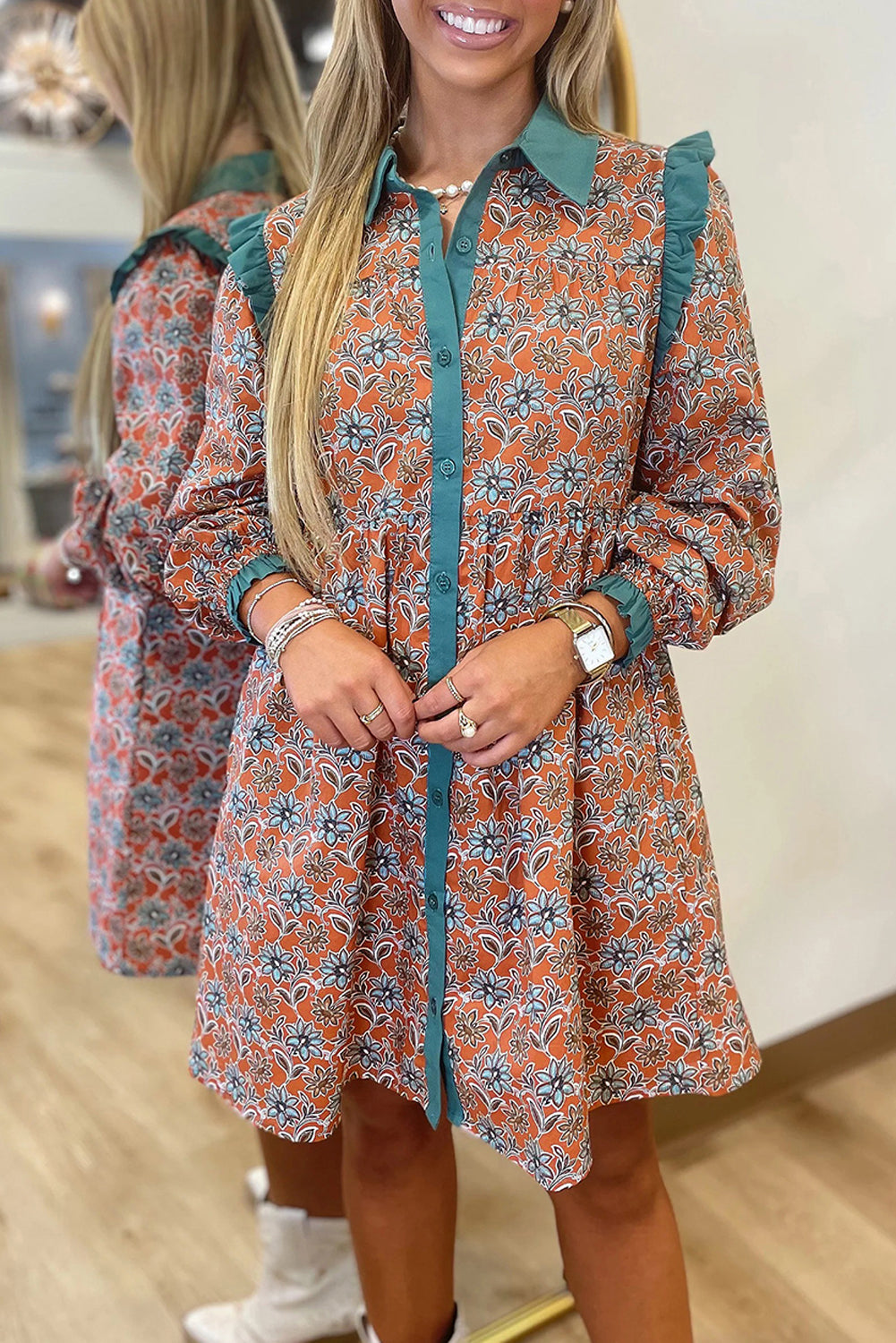 Orange Boho Floral Contrast Collared Shirt Mini Dress Orange 100%Cotton e00ac13ae7dc41d8