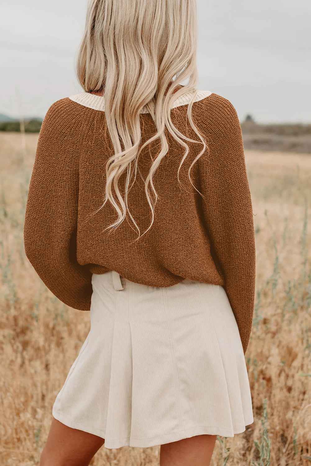Chestnut Contrast Color V Neckline Knit Cardigan e00ee863054e6844
