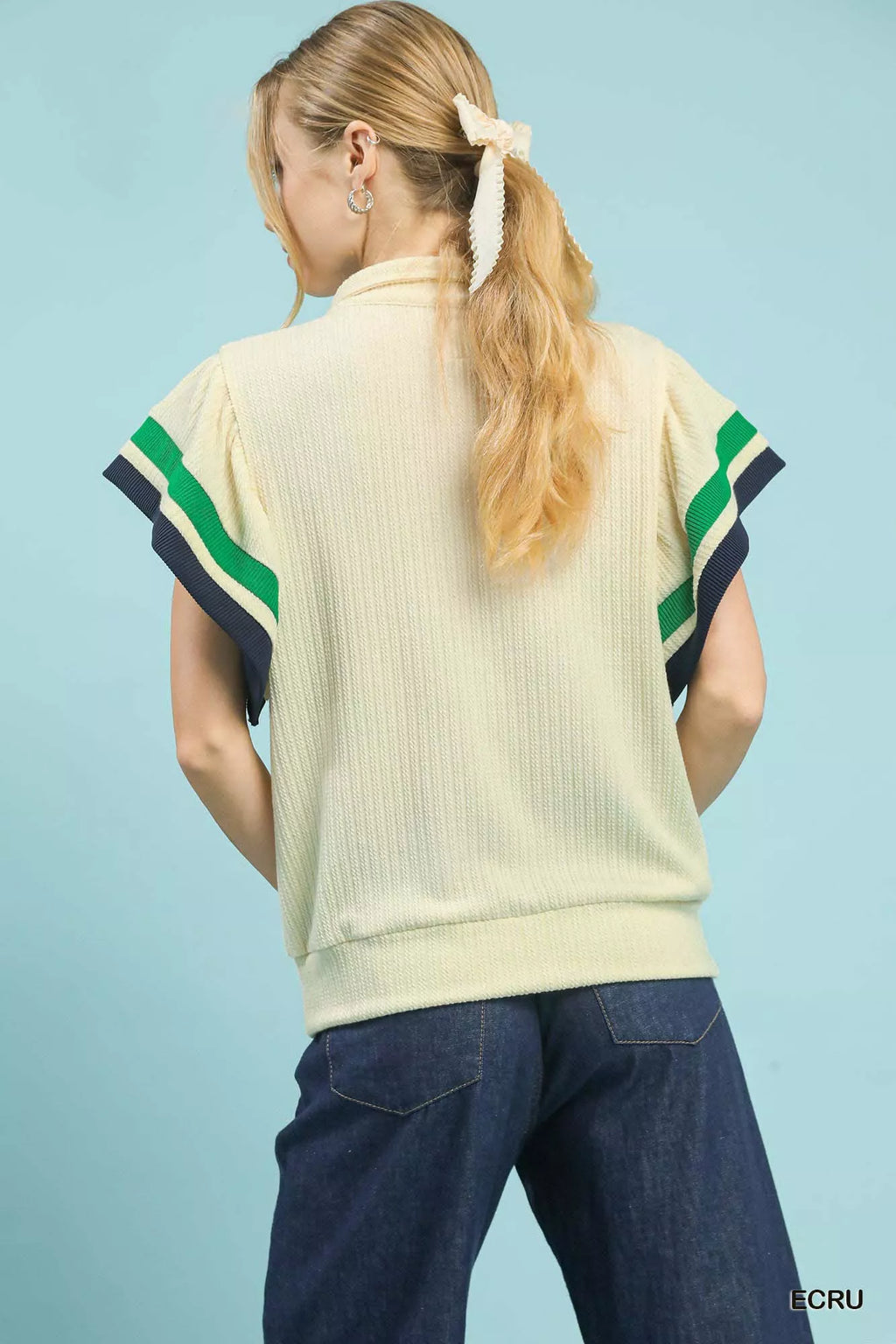 Umgee Textured Half Zip Top with Striped Flutter Sleeves e00f1955-d32d-45ab-a5f4-388d39c5866f-Max-Origin