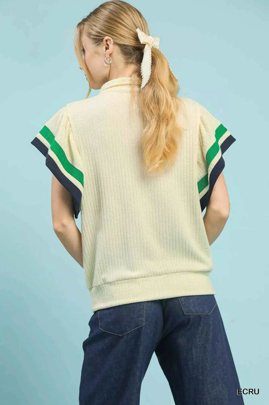 Textured Half Zip Top with Striped Flutter Sleeves e00f1955-d32d-45ab-a5f4-388d39c5866f-Max-Origin
