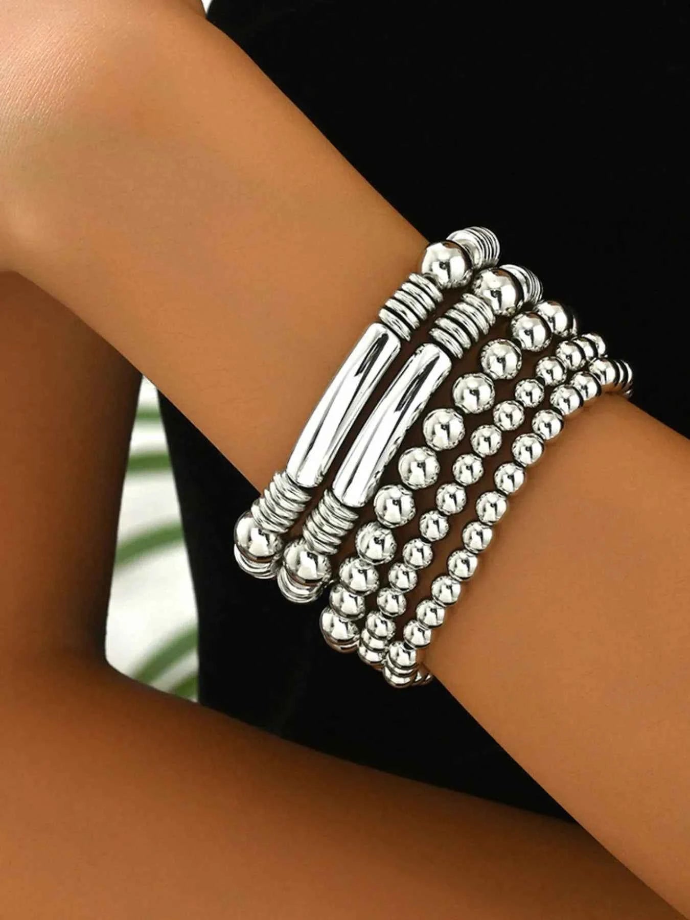 5 Piece Stainless Steel Beaded Bracelet Silver One Size e010f45f-e806-44e8-ada0-7c9f379d61e5-Max-Origin