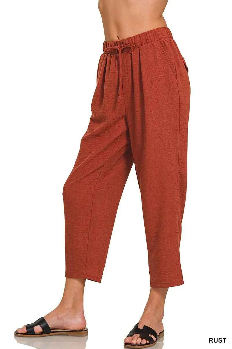 Zenana Woven Crepe Elastic Band Waist Pants e0119144048846dbbf07fbab1f4b52b7-Max-Origin