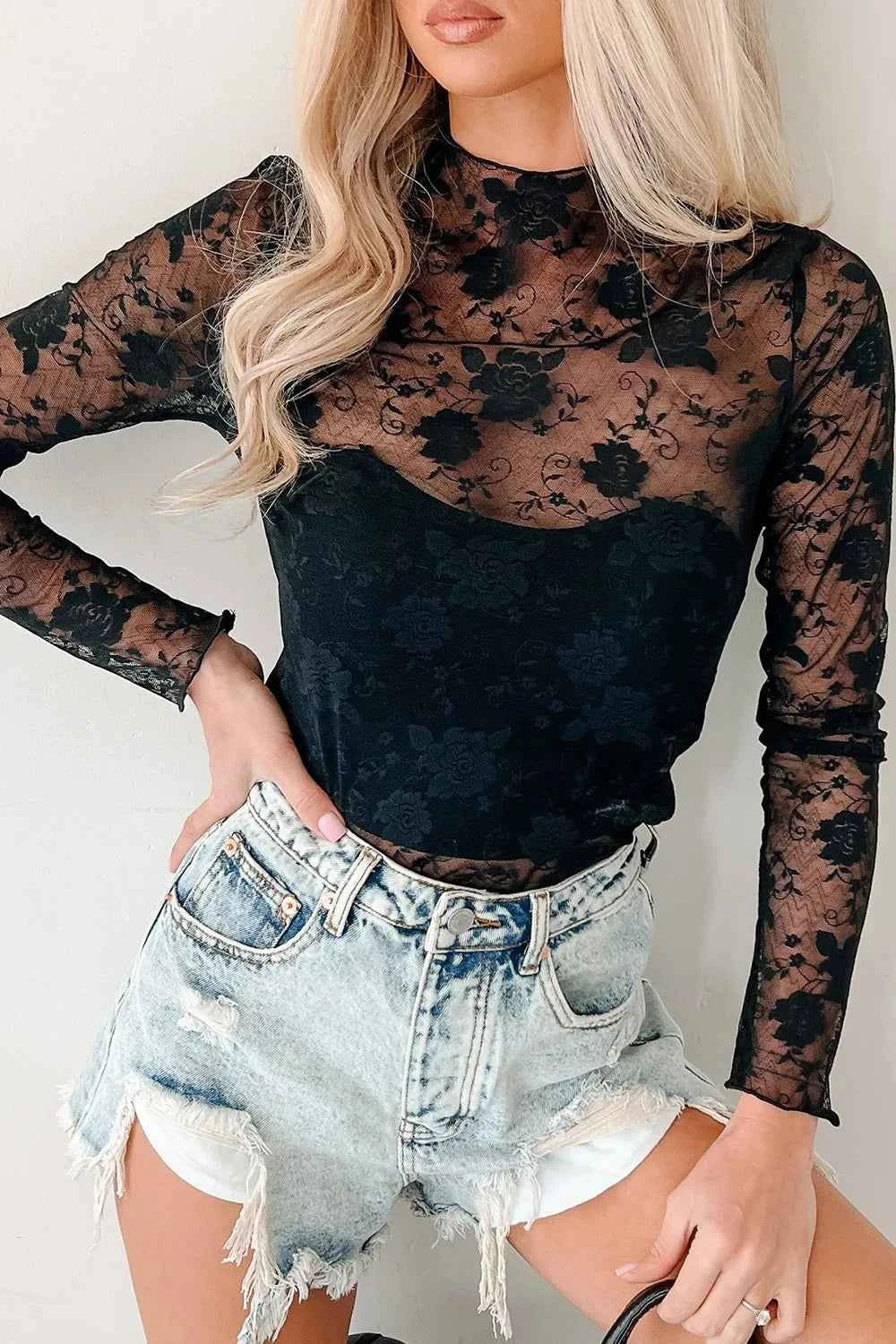 Lace Mock Neck Long Sleeve Blouse Black e013fcd6-e151-4e10-94bf-58ed57327af3-Max-Origin