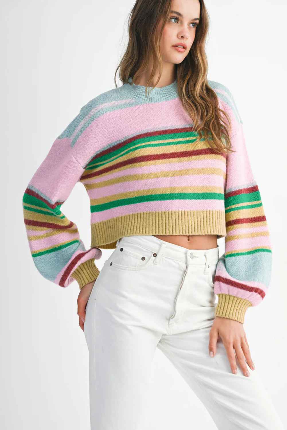 Multicolour Striped Knit Ribbed Trim Boxy Fit Cropped Sweater e018edf427abcc0a