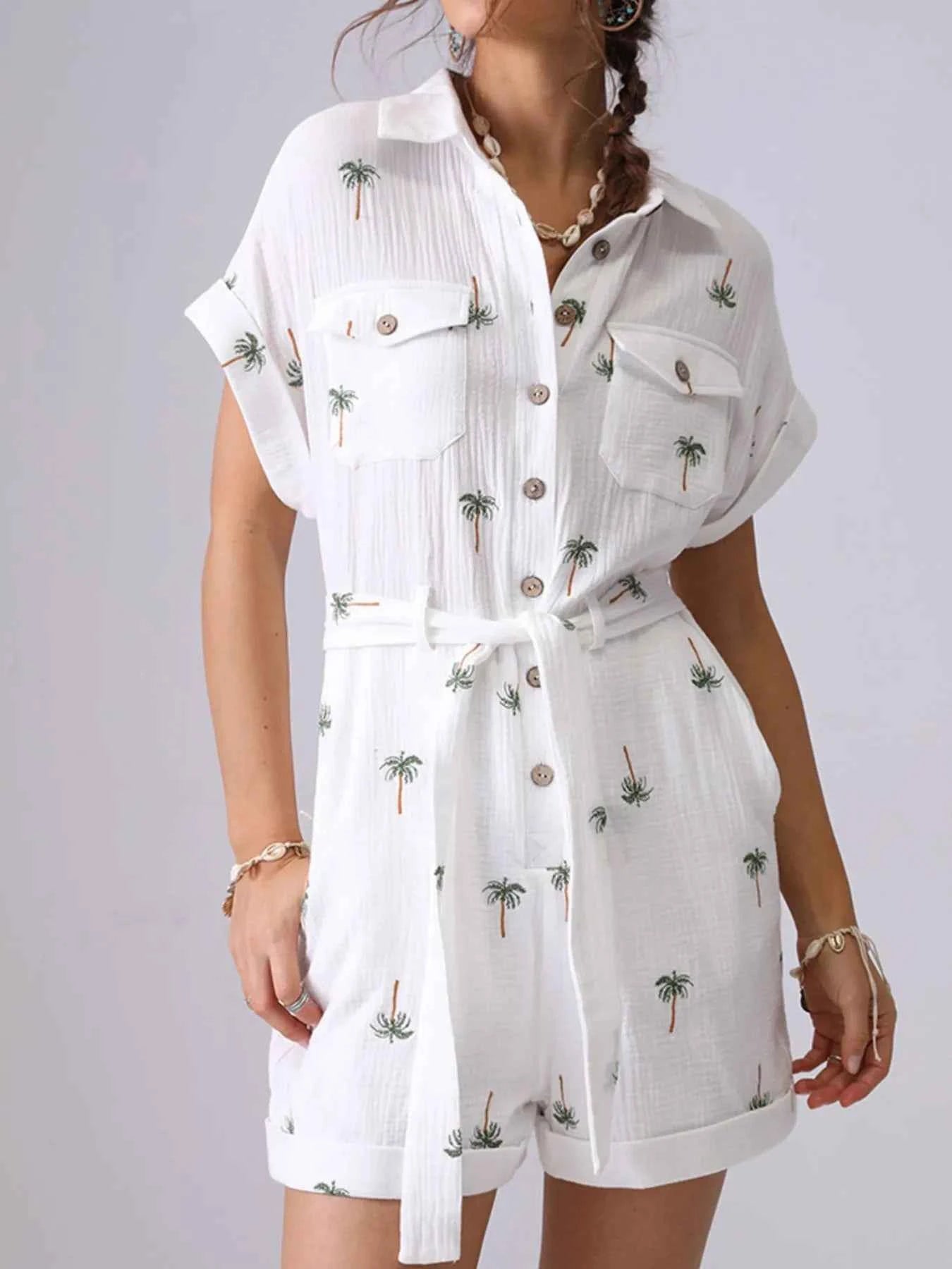 Palm Tree Print Short Sleeve Button-Up Romper with Belt e01a222c-bbe7-4ebe-9a3d-99efa18502a3-Max-Origin