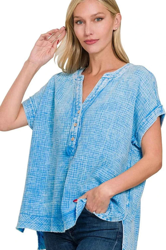 Washed Double Gauze 3/4 Button Henley Neck Shirt DEEP SKY e02425e8-25af-4d37-8f5a-d6baf87d8133-Max-Origin
