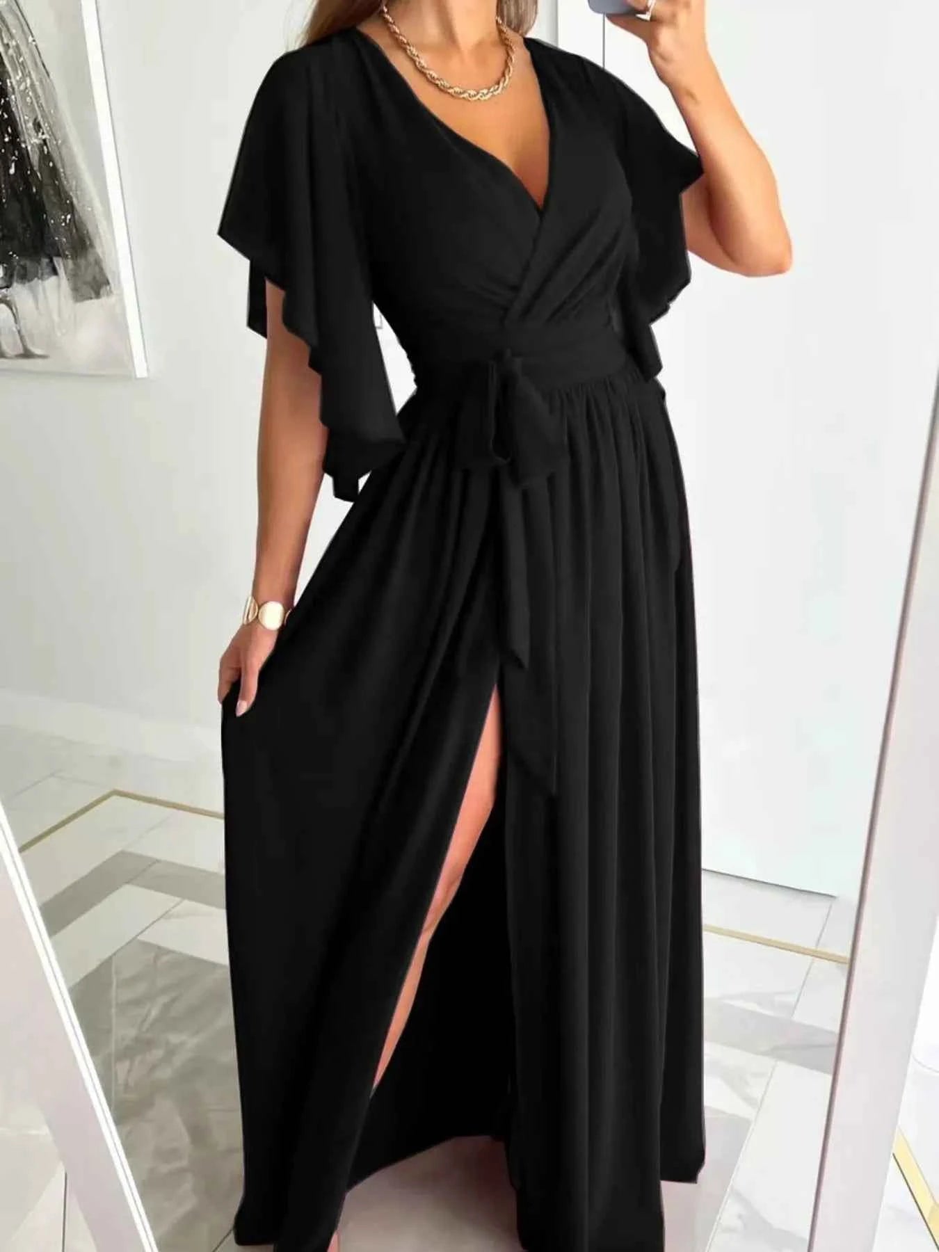 Flutter Sleeve Surplice Tie Waist Dress Black e02bf348aeba439585858843fa7a4921-Max-Origin
