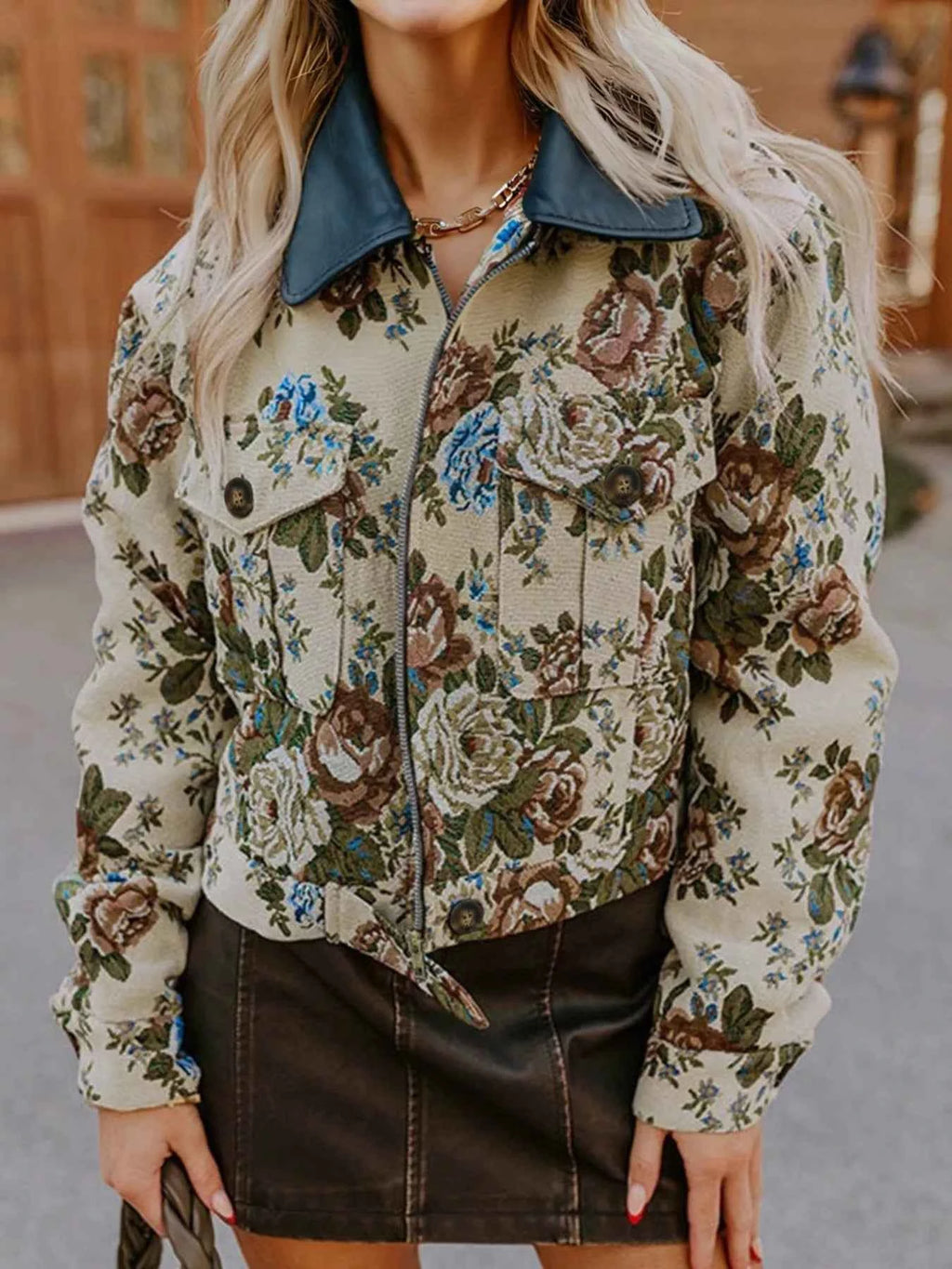 Floral Print Zip Up Contrast Collared Jacket Floral e035754a-04fc-4ea5-9e2e-b998104fbd0b-Max-Origin