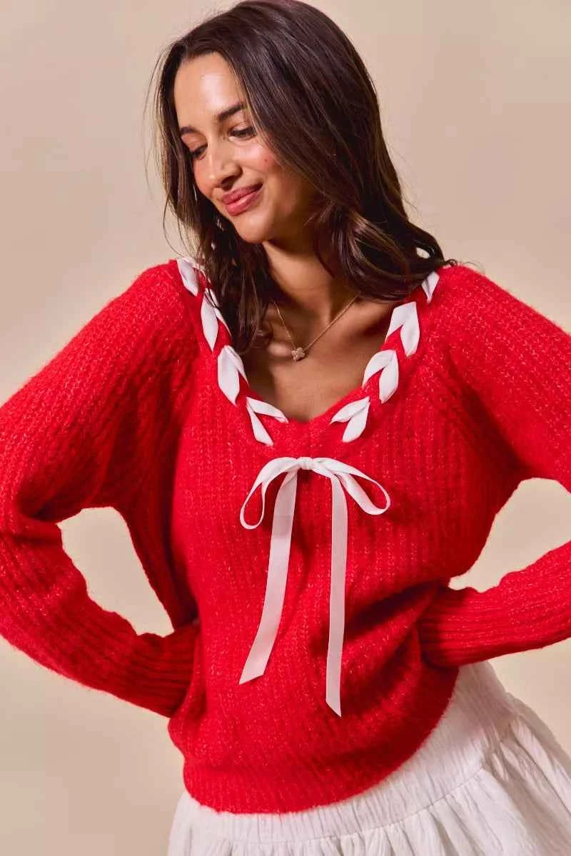 SO ME Satin Tape Braided Ribbon Tie V Neck Sweater e0378ebaf1ce4e8fb9d11ca45111e9a5-Max-Origin