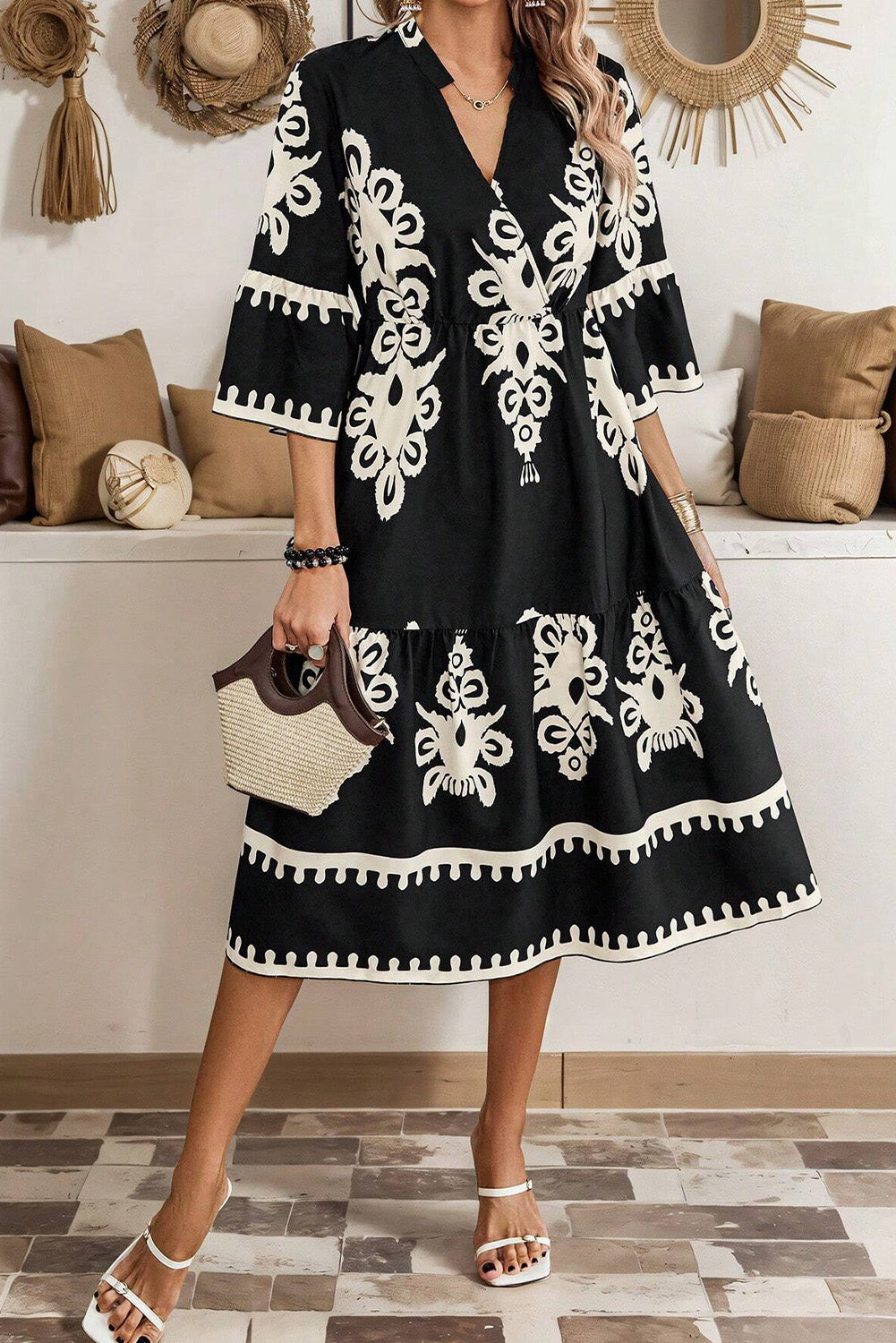 Black Ethnic Print 3/4 Sleeve Loose Midi Dress e03cea54e3a09f5e