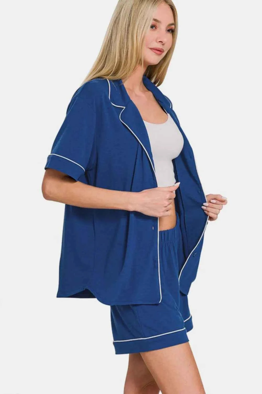 Zenana Button Down Short Sleeve Top and Shorts Lounge Set e03d8e70-3c7d-4ca8-b31a-893a05337b37-Max