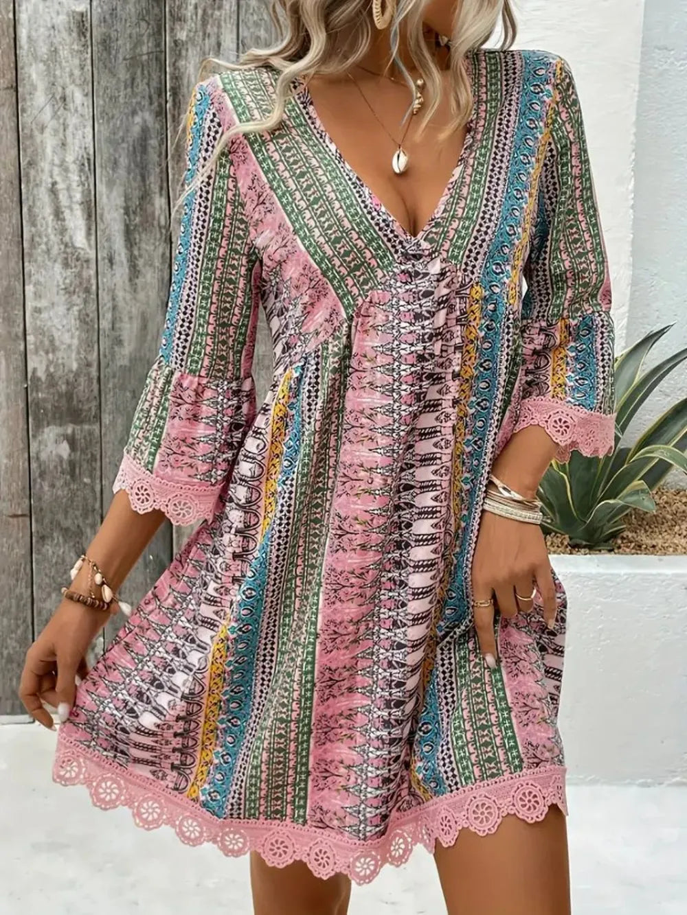 Lace Trim Printed V-Neck 3/4 Sleeve Dress e040f131-3829-4d13-a42f-61f59f737163-Max