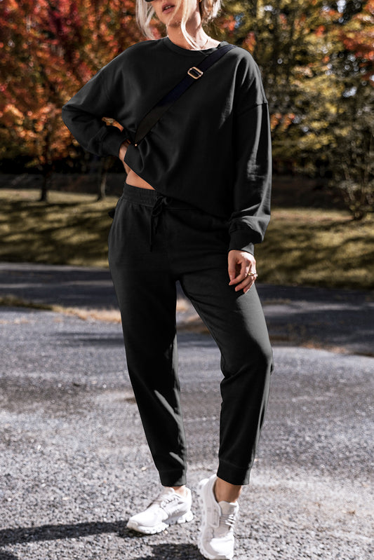 Black Solid Color High Low Pullover and Skinny Pants Set e0421b8e97b56dca