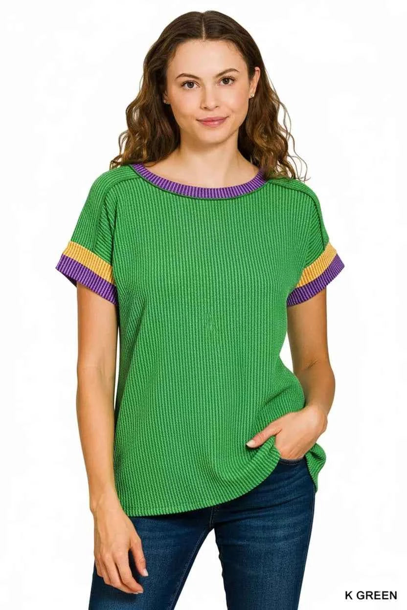 Zenana Mardi Gras Raised Rib Contrast Trim Top K GREEN e042fcc2-00a8-418c-81a9-2338723b4b0b-Max-Origin