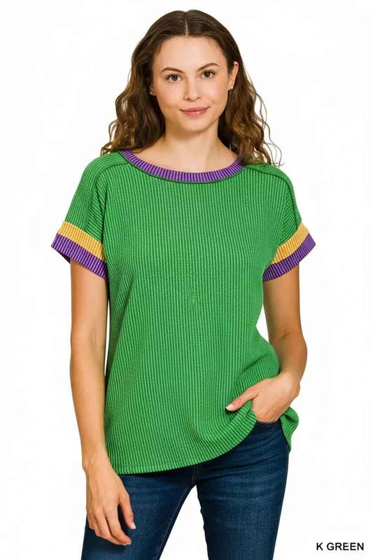 Mardi Gras Raised Rib Contrast Trim Top K GREEN e042fcc2-00a8-418c-81a9-2338723b4b0b-Max-Origin