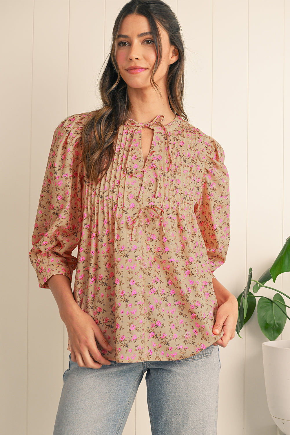 Light French Beige Ditsy Floral Print Bow Front Puff Sleeve Blouse e044edfebd26dd01