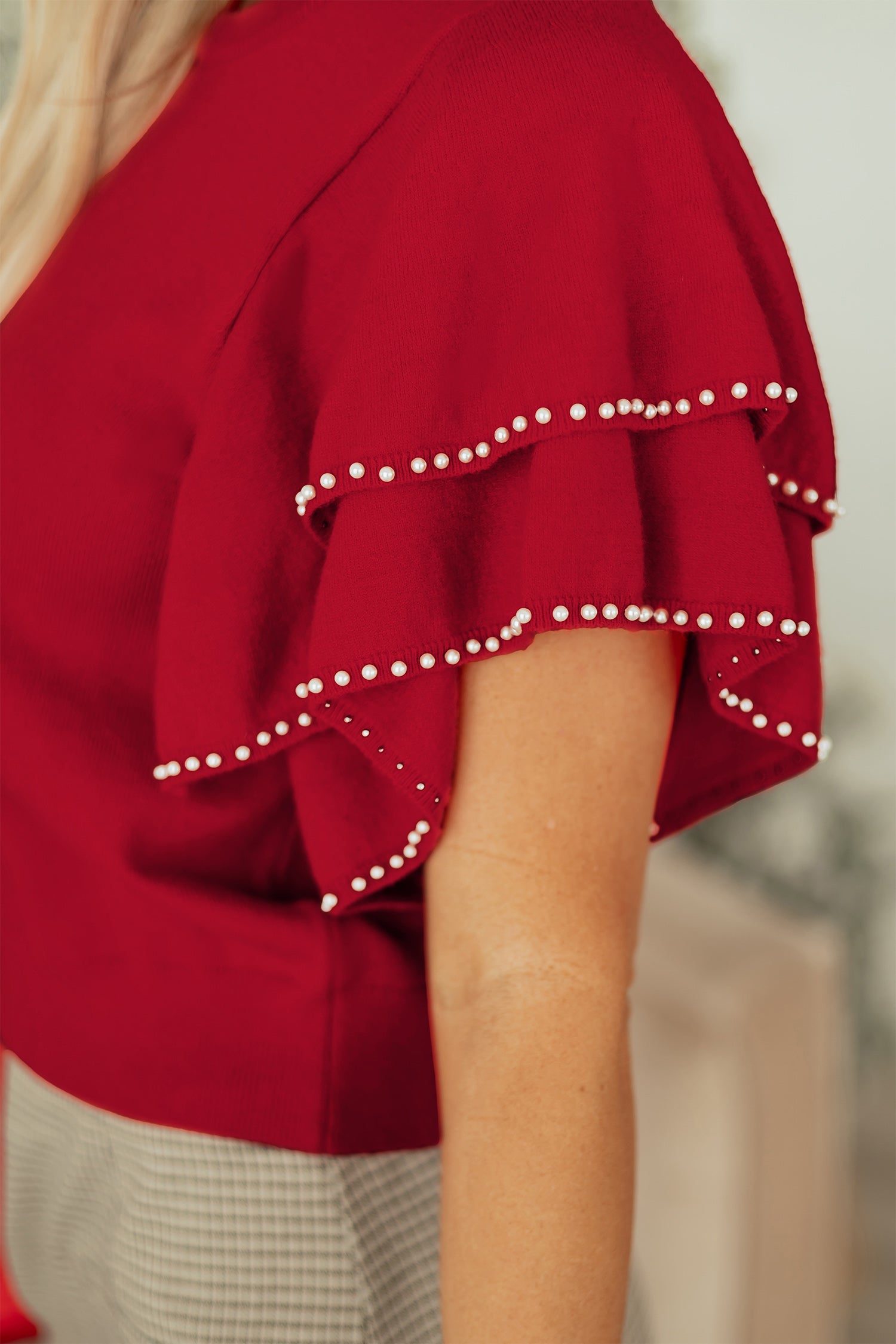 Racing Red Pearl Embellished Double Ruffle Short Sleeve Sweater e04a15d3e4fe68ea