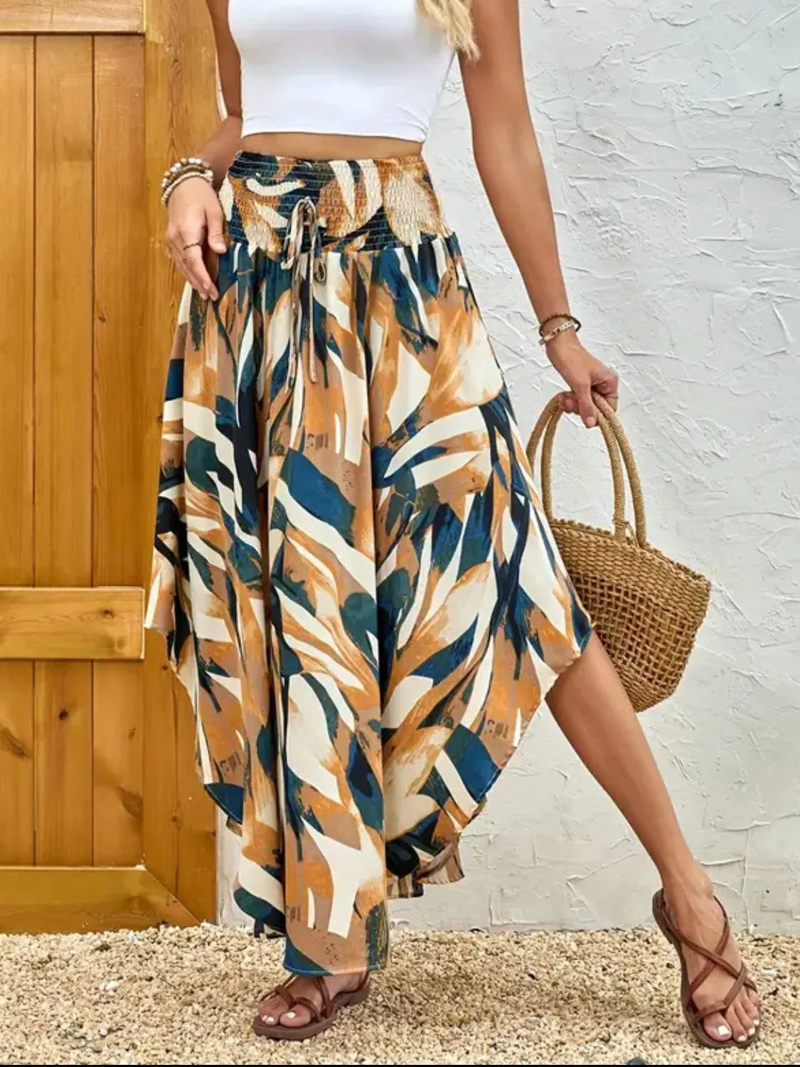 Asymmetrical Smocked Printed Skirt Mustard e04c9522-942a-4f50-a268-a0b1267ac1d3-Max-Origin