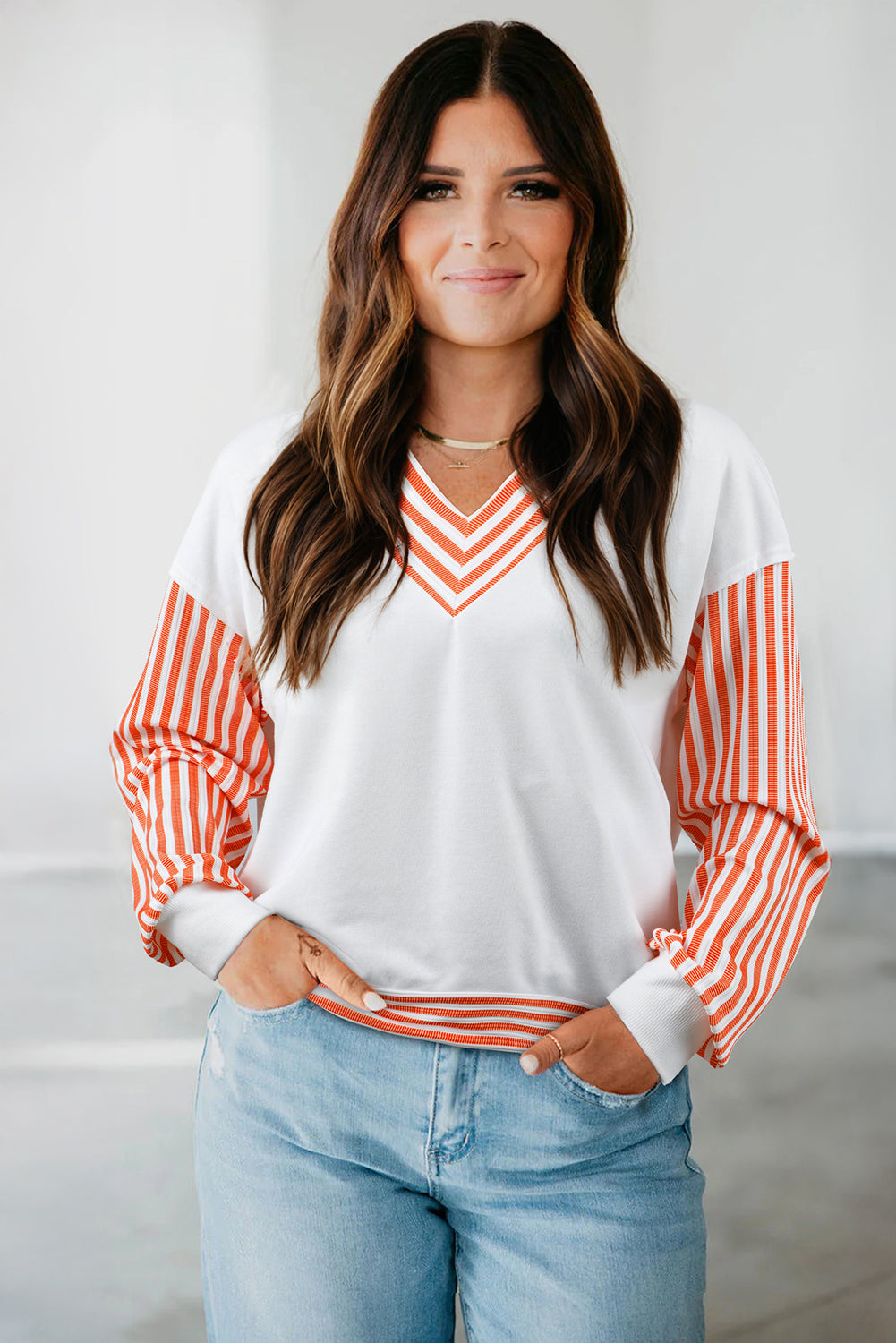Orange Striped Patchwork Drop Sleeve Pullover Top e05881e811151b72