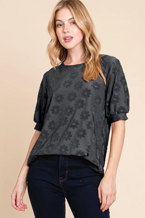 Textured Floral Pattern Top - Opaque Slightly Stretchy Fabric Black e05a8bf7-cfd4-4411-a1e3-8bf63baa0e4f-Max