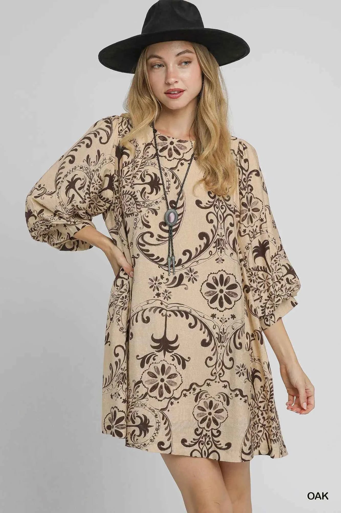 Boho Printed Balloon Sleeve Mini Dress OAK e05bb9fb-3188-42aa-8b4e-74adb5ba065d-Max-Origin