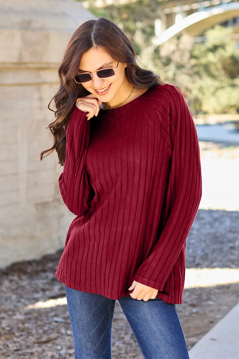 Basic Bae Full Size Ribbed Round Neck Long Sleeve Knit Top Scarlet e05e0c3abe2d4cc7bc66e5e07ee68e9e-Max