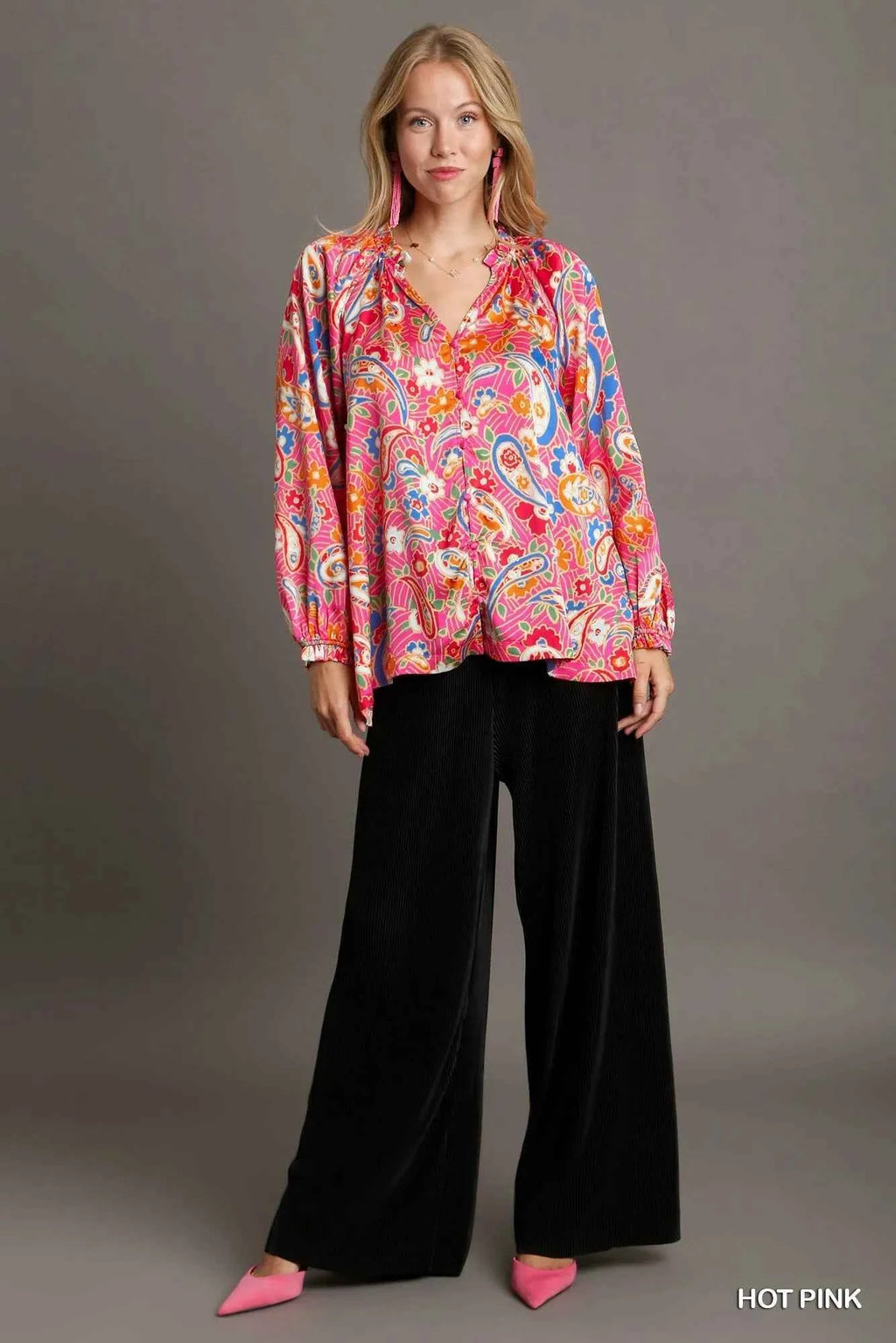 Umgee Full Size Satin Paisley Ruffle Neck Button-Up Shirt Plus Size e06216ee-9dee-4192-9d7f-5d9a69cb7d19-Max-Origin