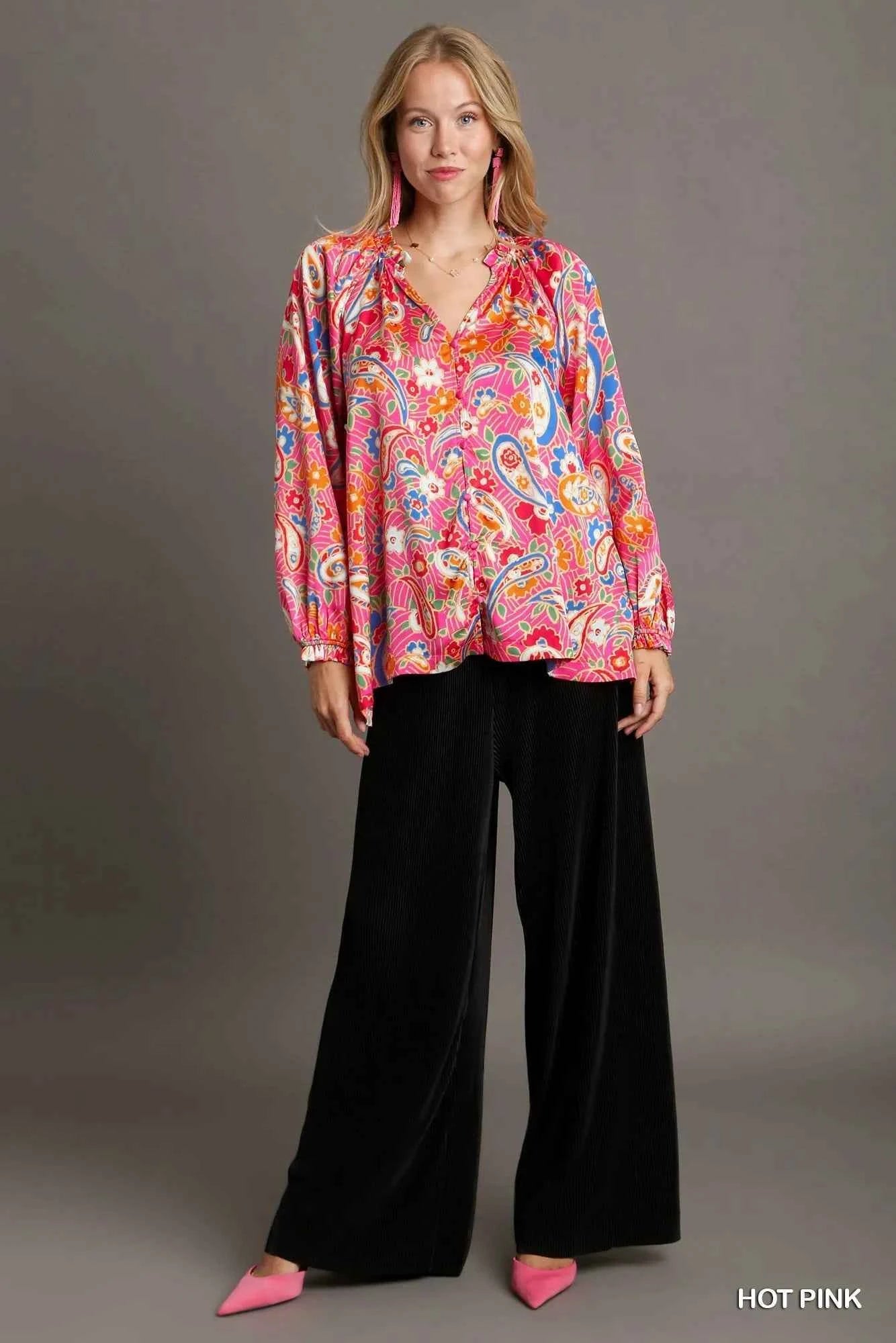 Umgee Full Size Satin Paisley Ruffle Neck Button-Up Shirt Plus Size e06216ee-9dee-4192-9d7f-5d9a69cb7d19-Max-Origin