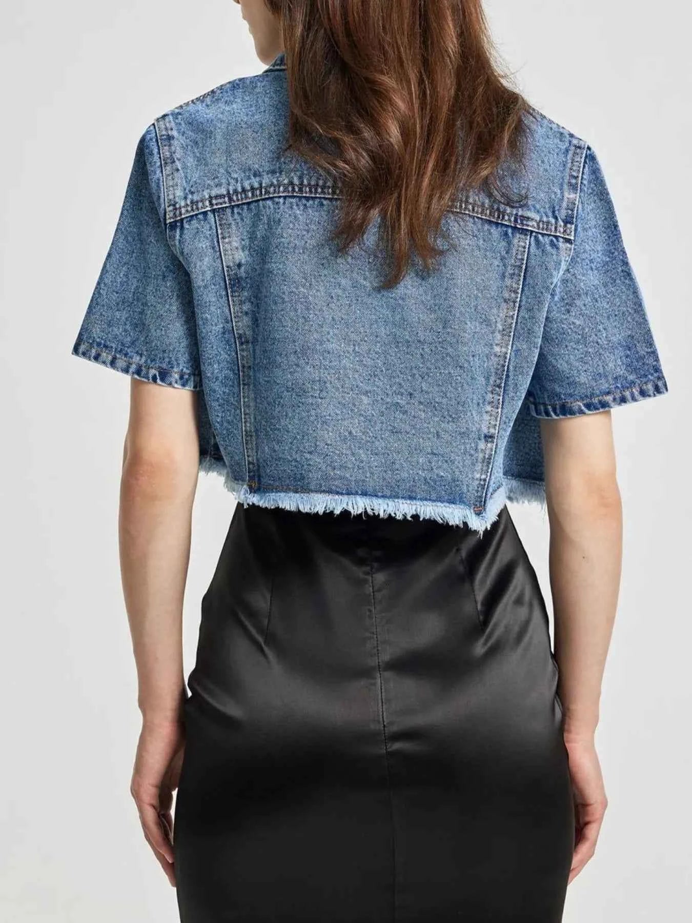 Cropped Short Sleeve Denim Jacket with Frayed Hem e067605b-6bc2-44a1-b80d-a5bac4fe9779-Max-Origin
