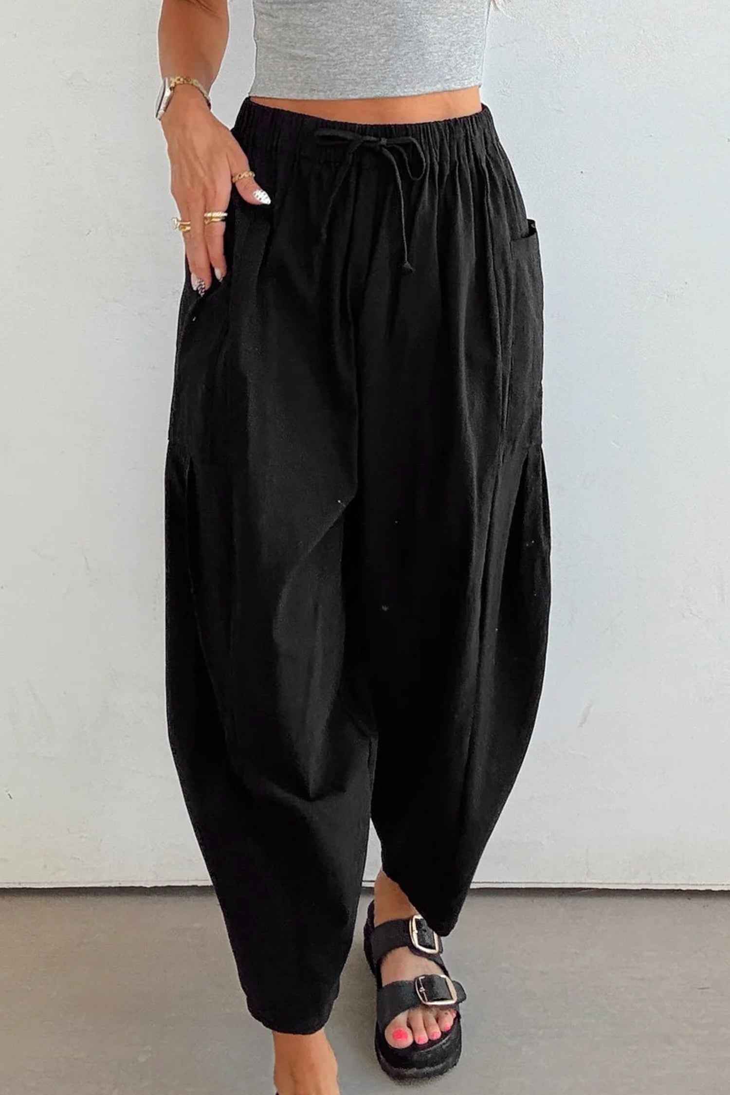 Black Drawstring Elastic Waist Patch Pocket Barrel Leg Casual Pants e06e007d11aad945
