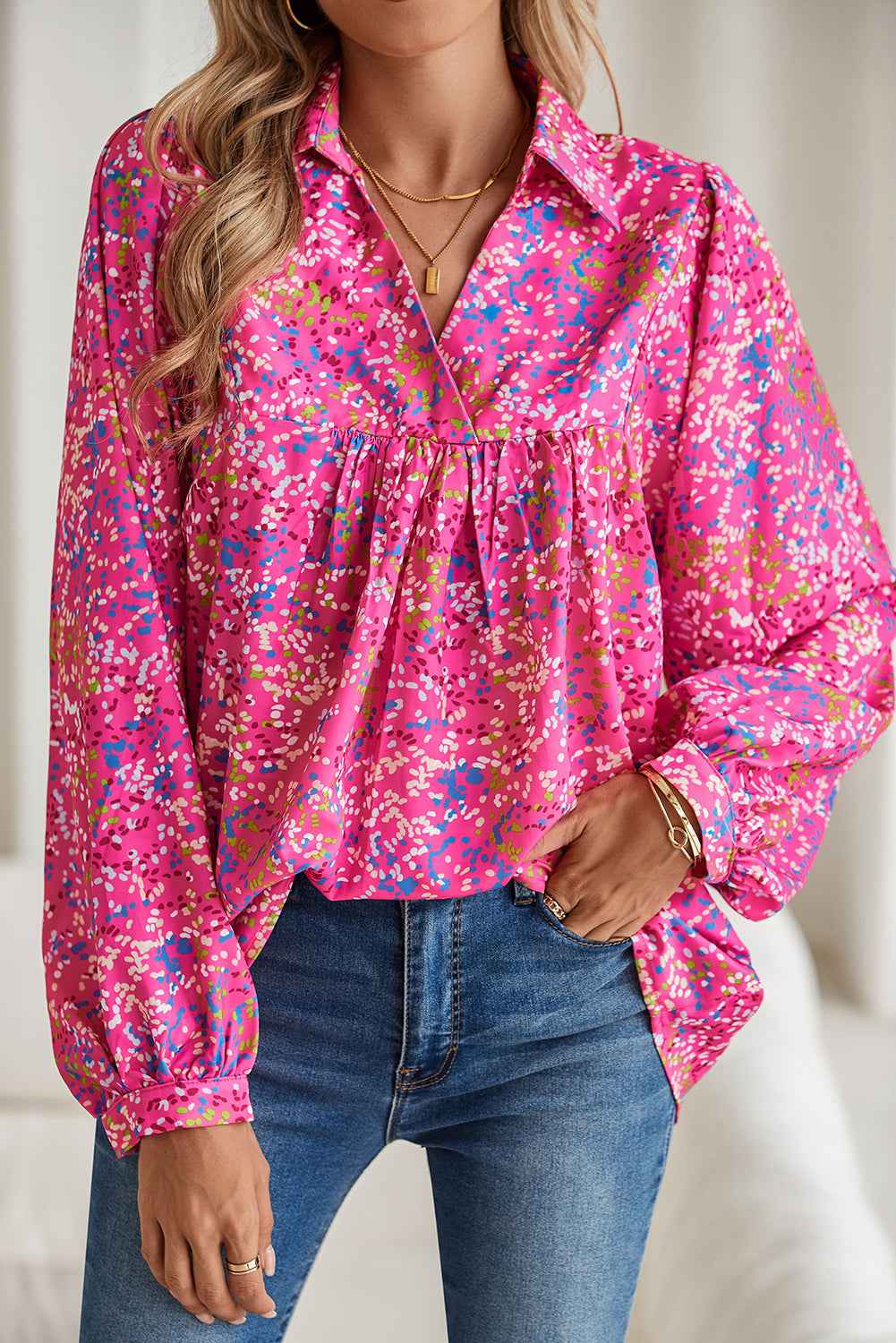 Bonbon Abstract Print Loose Fit Collared V Neck Babydoll Blouse Bonbon 100%Polyester e06ec7c7636f8f1f