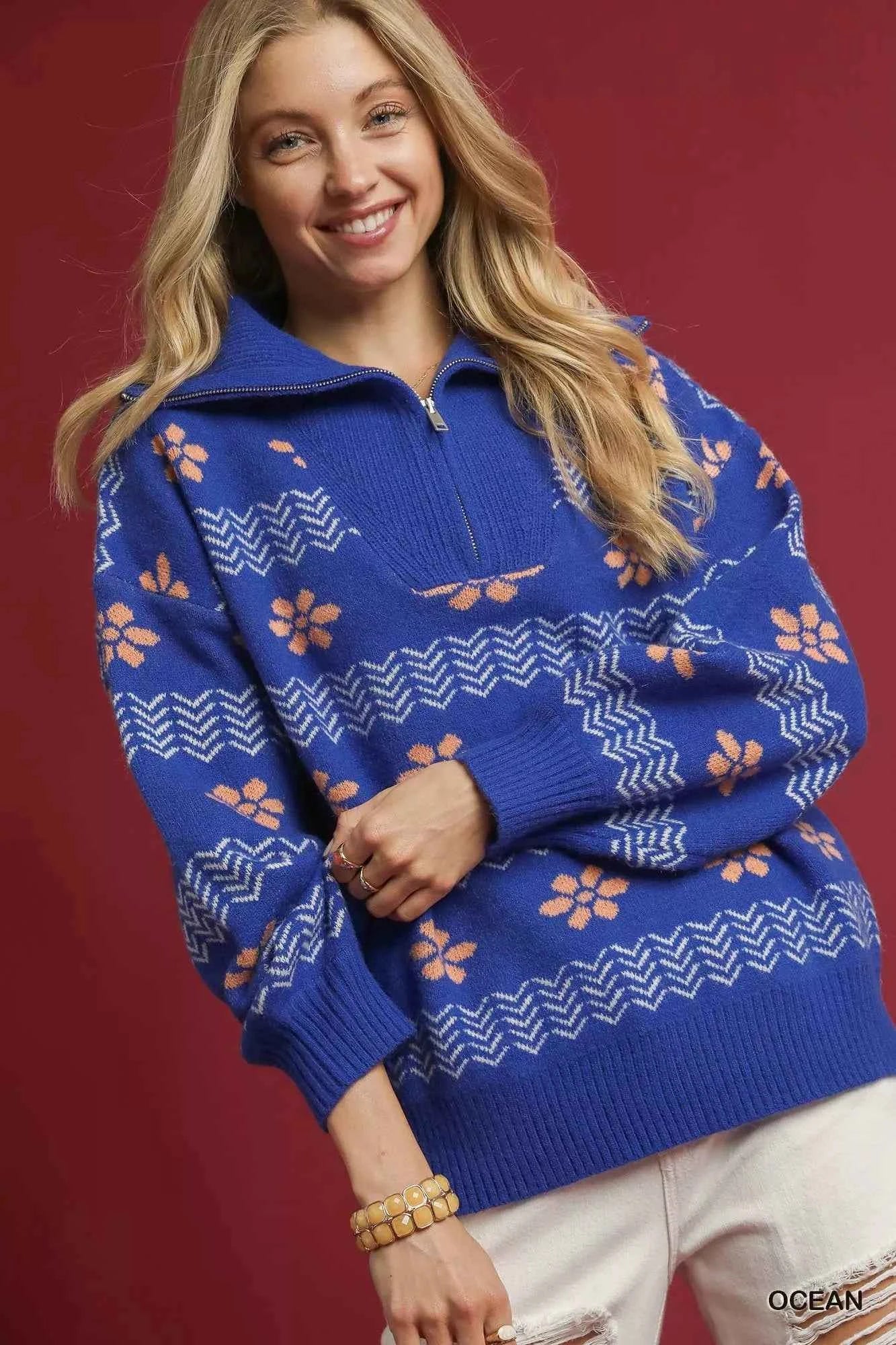 Umgee Floral Patterned Jacquard Quarter-Zip Pullover Sweater e072d7bc-ef13-4fd0-8ac1-1049db014676-Max-Origin
