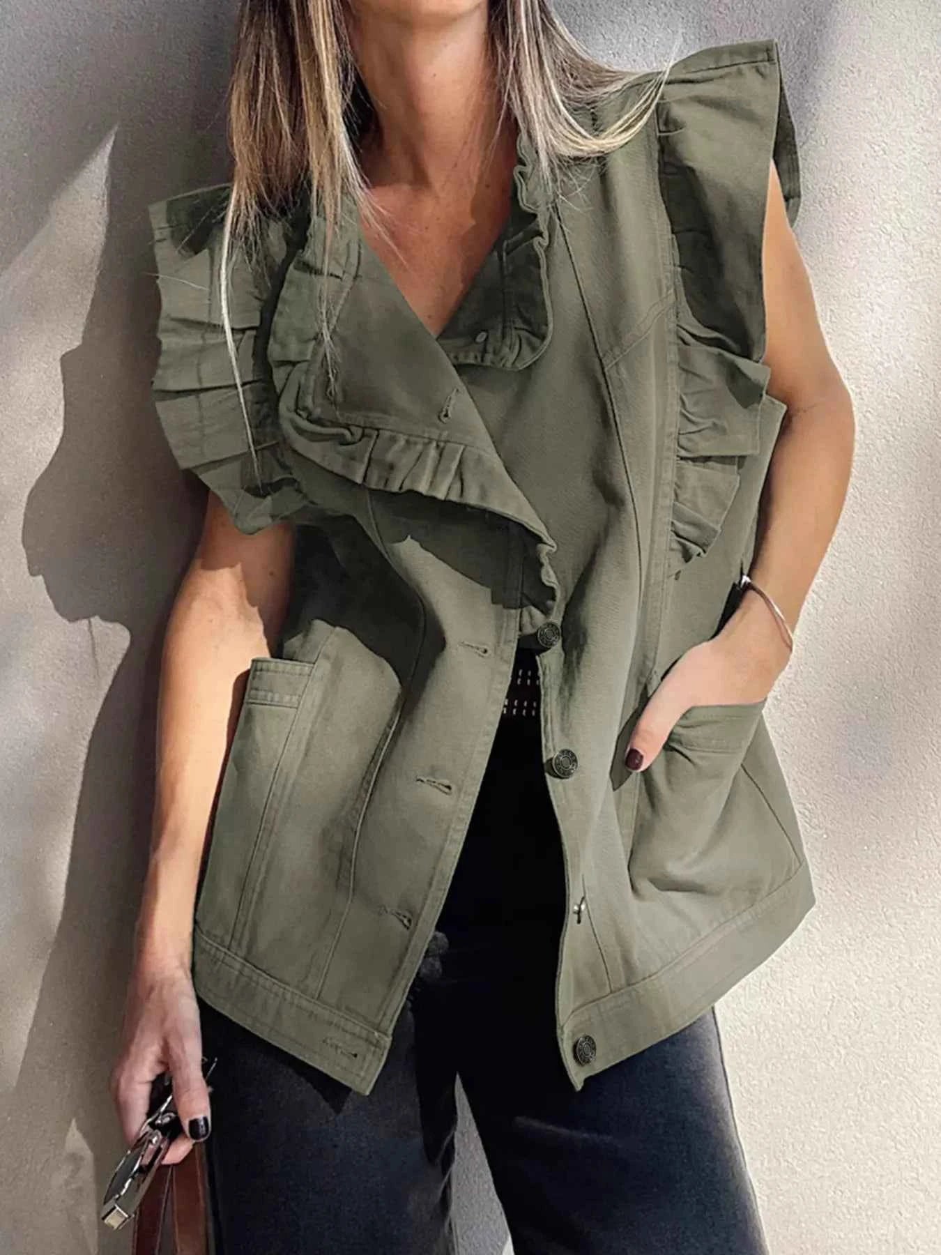 Ruffled Patchwork Denim Jacket Vest e07b9d81584a425b81bde230b342b7c4-Max-Origin