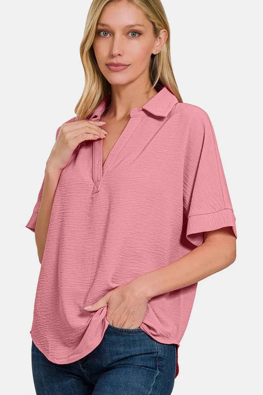Texture Collared Neck Short Sleeve Top e07c6a30-dbe1-4186-88ef-a6ccf01cb7c0-Max