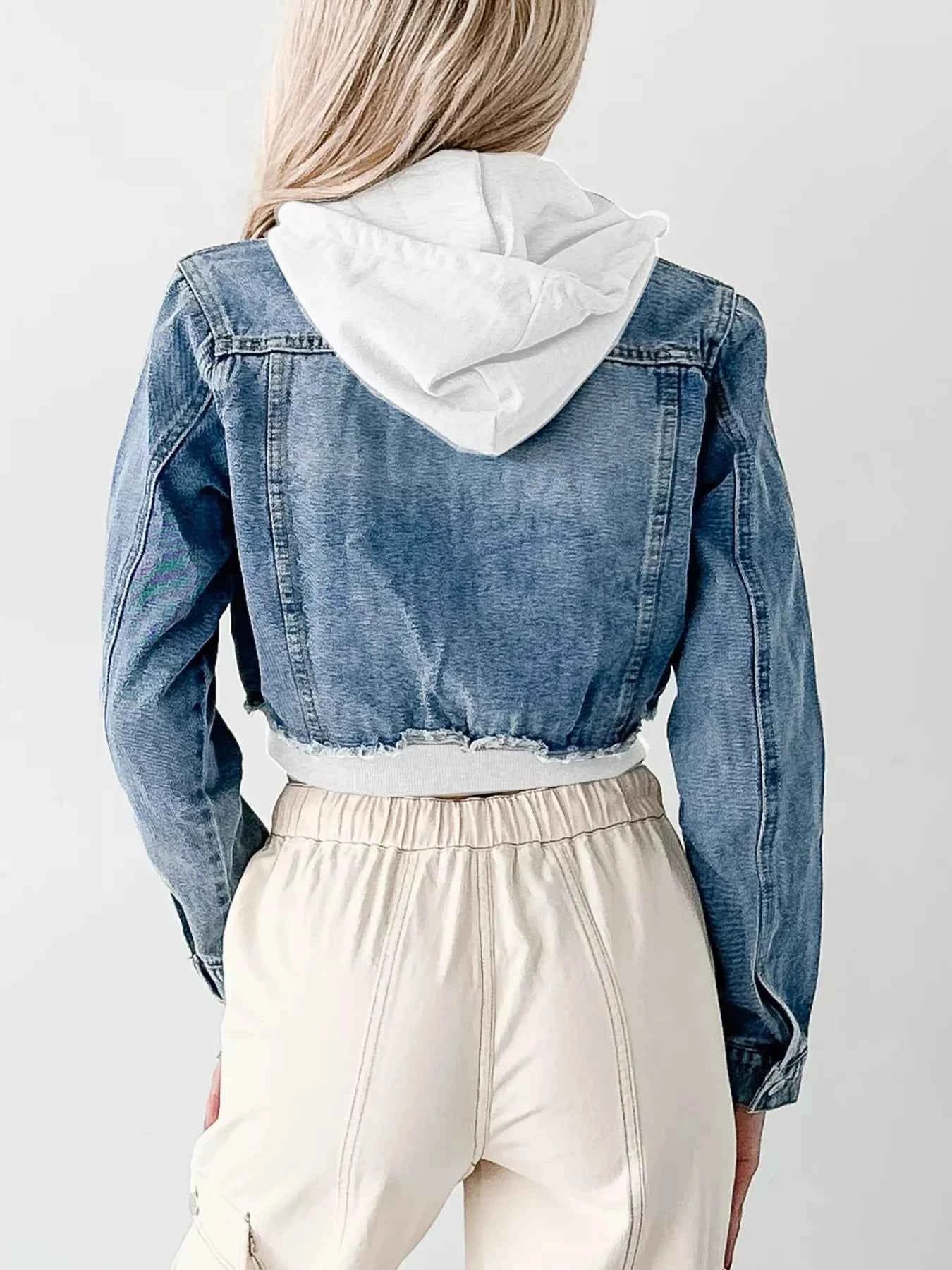 Distressed Zip Up Cropped Hooded Denim Jacket e07da5130f9b46d18fa6ff5928b4e993-Max-Origin