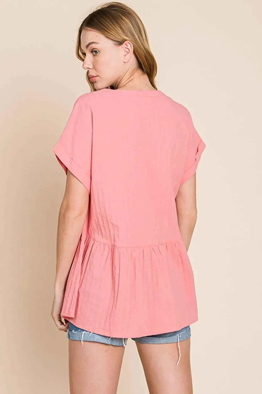 Cotton Bleu by Nu Label Notched Short Sleeve Peplum Top e080bf39-0fad-4e93-bd9a-aeb9b8da42e3-Max