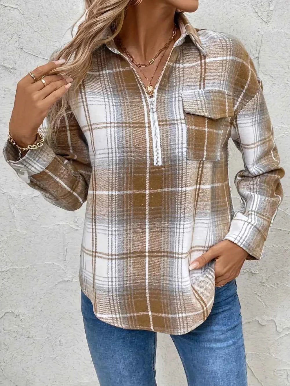 Plaid Collared Neck Half Zip Long Sleeve Top e08178c4-20f5-4d7c-b2f4-6dd0fc5bdd8b-Max