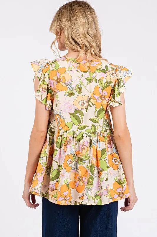 Floral V-Neck Ruffled Cap Sleeve Blouse e081ef9f-4a1d-4313-8ce9-b8358fa10f09-Max
