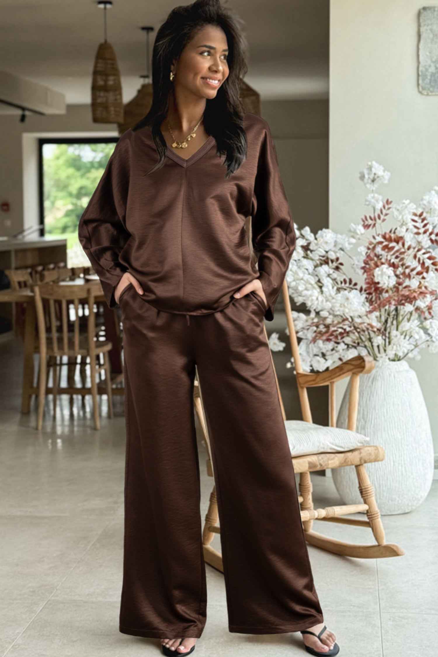 Dark Brown Braided V Neck Long Sleeve Loose Top and Drawstring High Waist Pants 2pcs Outfit e0842482962a9f04