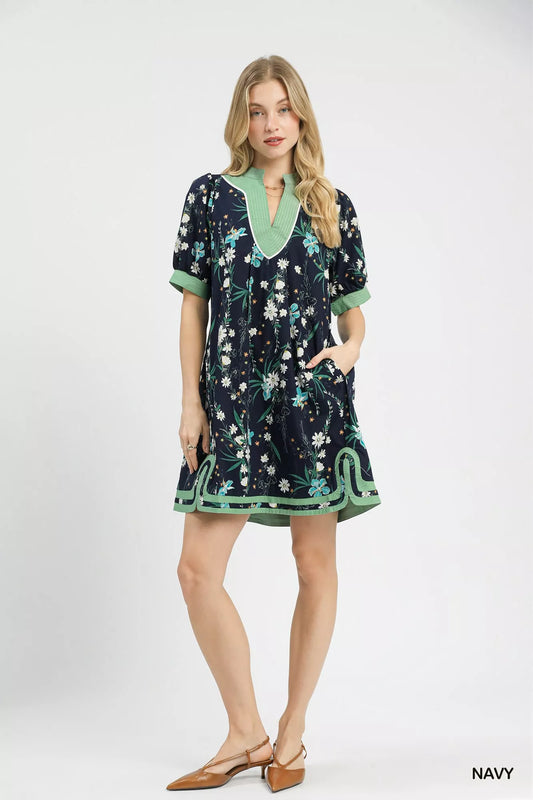 Floral Puff Sleeve Dress with Contrast Trim e084e9a3-f247-4db1-a5c2-9b1611080611-Max-Origin