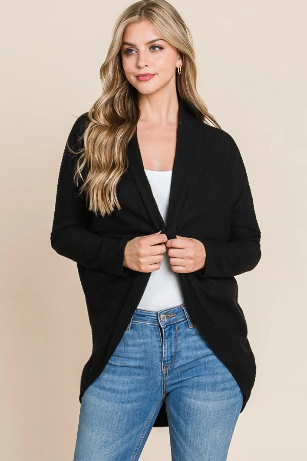 BOMBOM Open Front Waffle Knit Cocoon Cardigan e0850309-1a0e-4878-8759-f89d737df81c-Max