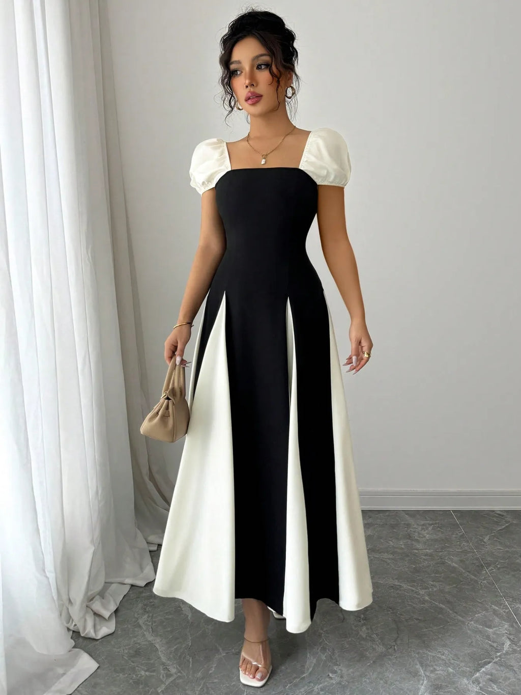 Contrast Puff Sleeve Midi Dress e0856472-221c-435f-ae9d-65eb288b72f3-Max-Origin
