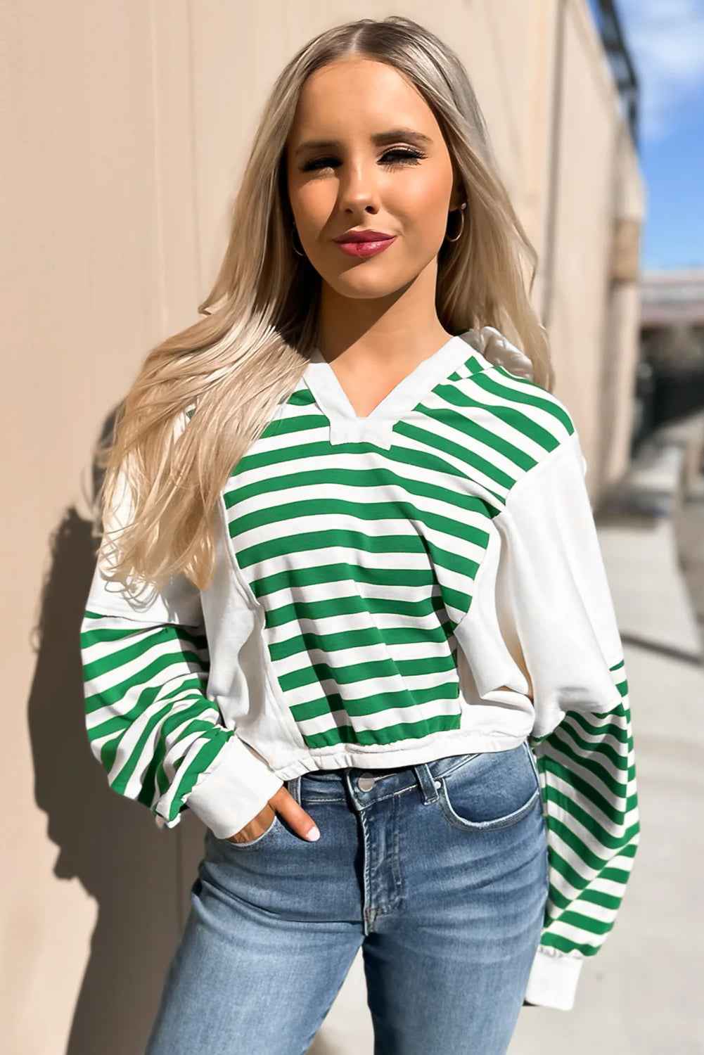 Green Striped Colorblock Patchwork Collared V Neck Cropped Pullover e0876f0eb8558296
