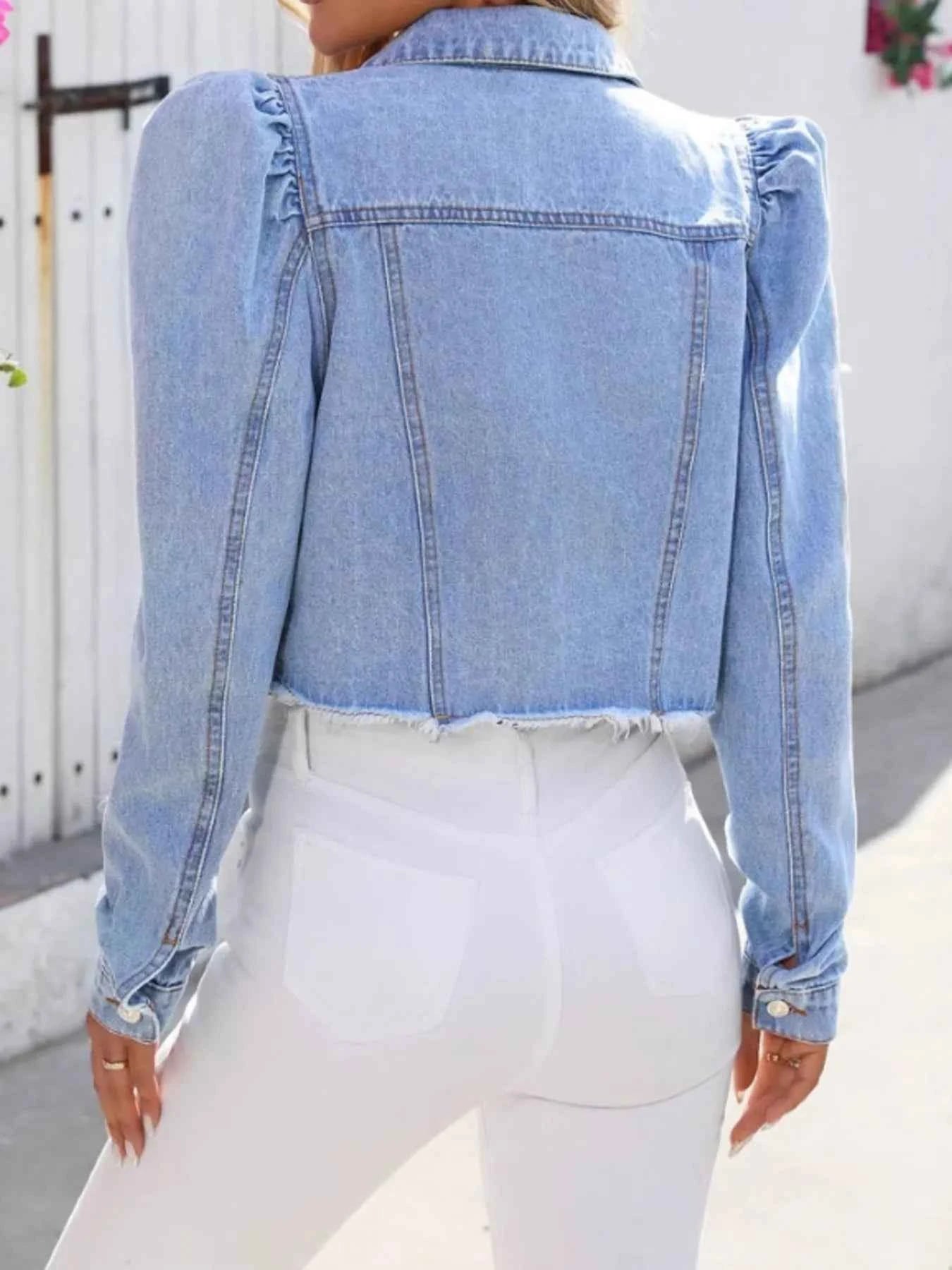 Distressed Puff Sleeve Wash Denim Jacket e0880c78420e46db84174b71fbabe4bc-Max-Origin