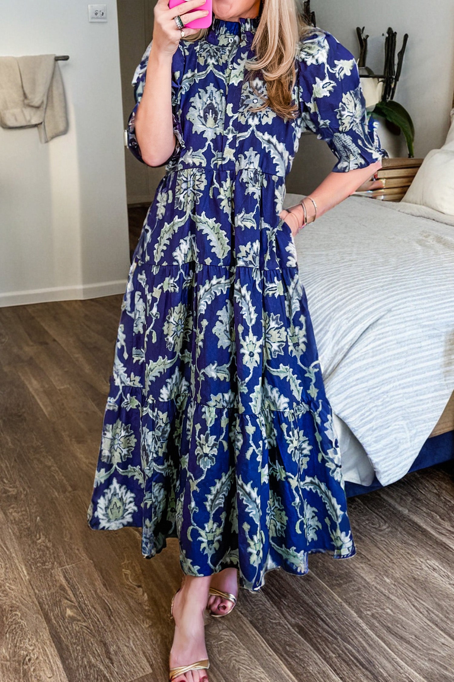 Blue Wild Floral Print Frilled Collar Half Sleeve Long Dress Blue 100%Viscose e08d4cbd80c98709