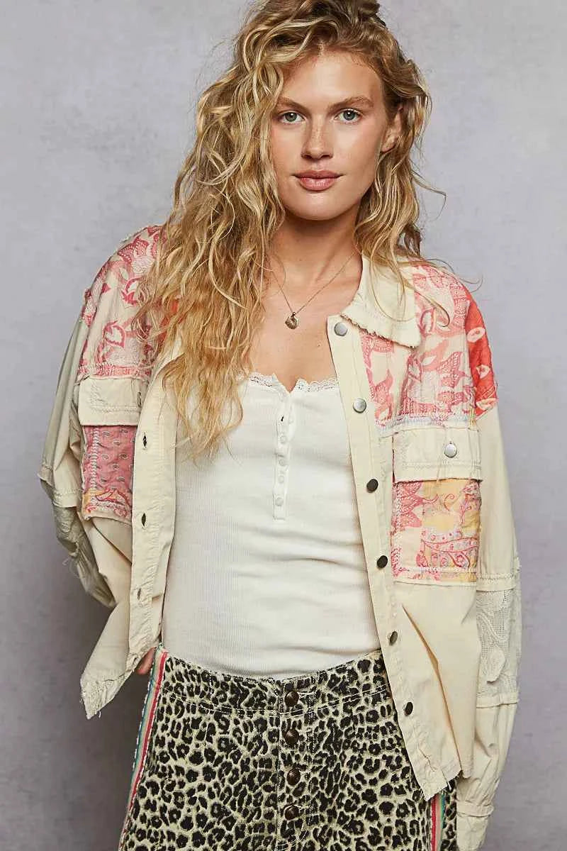 POL Printed Woven Mix Raw Hem Jacket with Lace Detail Cream e08f954d-b9f9-4250-b72f-ed79a739a1d1-Max-Origin