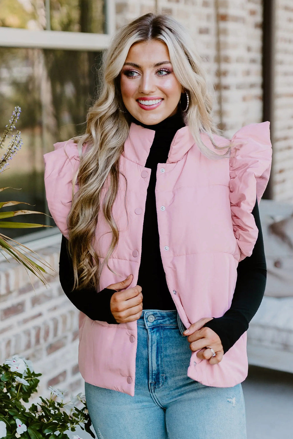 Pink Stand Neck Flutter Sleeve Snap Button Puffer Vest e090cc9e98c24810