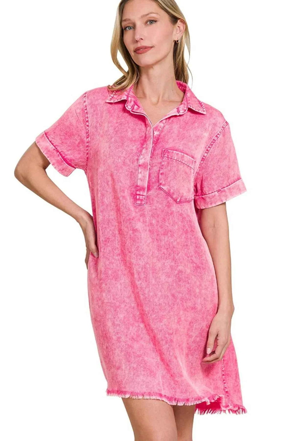 Zenana Tencel Mineral Washed Collared Shirts Dress HOT PINK e0922013-728c-4b4a-999f-f7b849ecab8e-Max-Origin