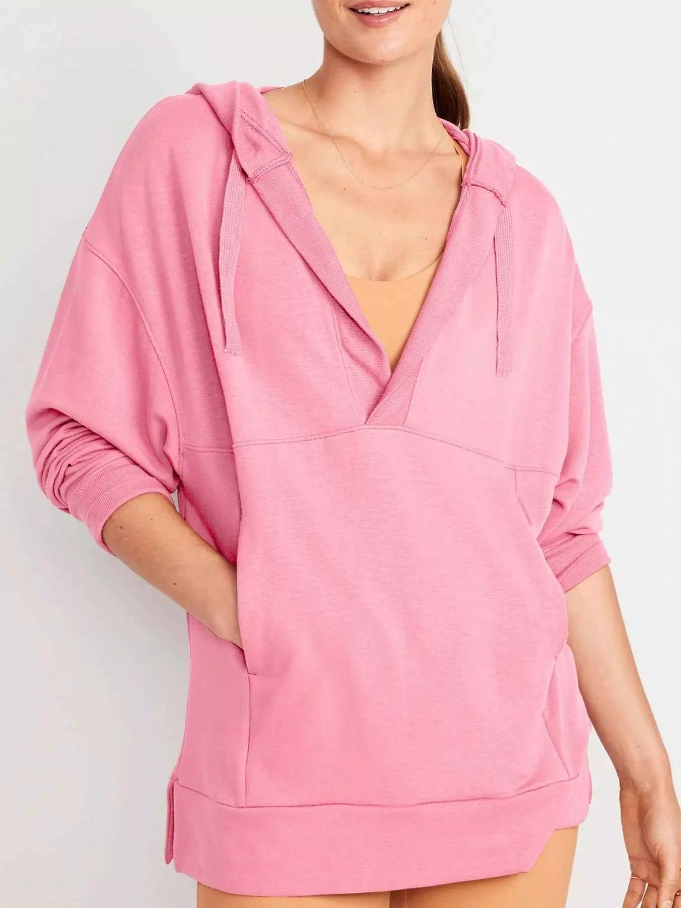 Drawstring Kangaroo Pocket Long Sleeve Hoodie Dusty Pink e0925559-3dd6-4a0e-a4f4-8e8cfdac0acb-Max-Origin